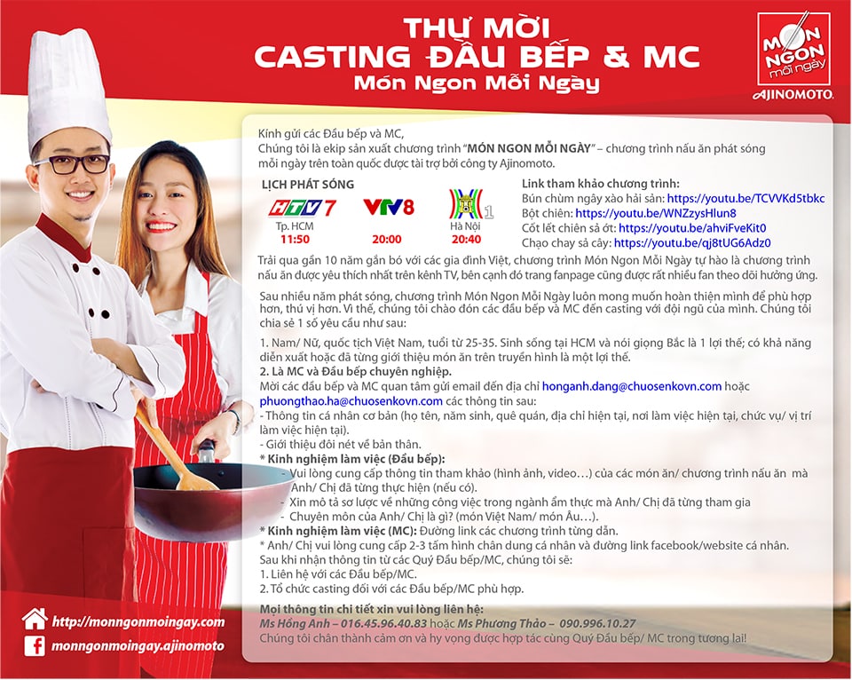 Thông báo casting Đầu bếp và MC cho chương trình MNMN