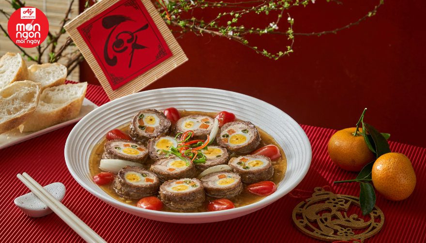 Bò thưng cuộn trứng cút xốt thơm
